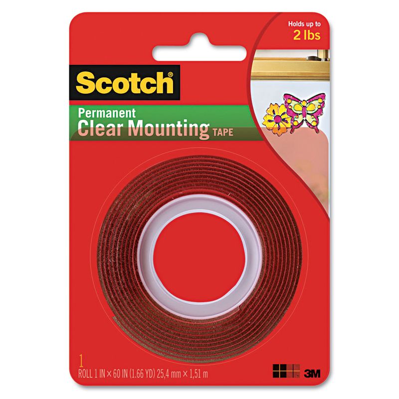 Scotch Double-Sided Mounting Tape Industrial Strength 1" x 60" Clear/Red Liner 410P, 1 of 9