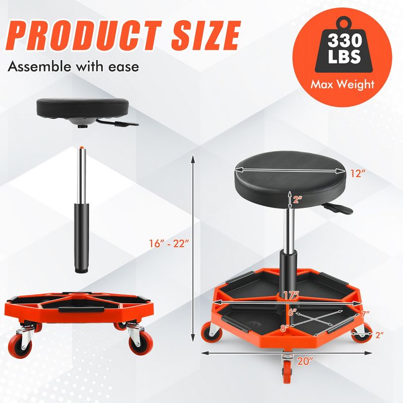 Costway Heavy-Duty Adjustable Height Rolling Stool withTool Tray Storage 330 LBS Capacity, 4 of 10