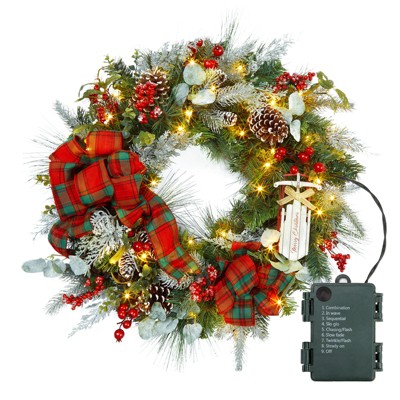 COZONY Pre-Lit Christmas Wreath & Garland Set, Artificial Lighted Decor for Door, Porch and Fireplace