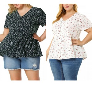 Women's Plus Size 2 Pieces Floral Ruffle Hem V Neck Short Sleeve Cinched Waist Casual Peplum Blouses with Buttons - Agnes Orinda - 1 of 4