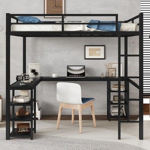 VYNXARIA Full Metal Loft Bed with Desk and Shelves, Loft Bed with Ladder and Guardrails, Loft Bed Frame for Bedroom, Black with Black Desk - 1 of 4