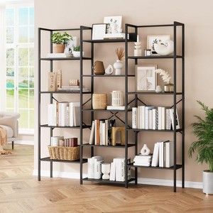 Jojoka Triple Column 5-Tier Bookshelf, 14 Open Shelves Bookcase, Industrial Storage Shelf for Living Room, Home Office, or Study， Black - 1 of 4