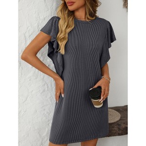 Womens Mini Dress Crew Neck Ruched Sleeve Striped Tee Shirt Dress Summer Fashion Casual Tshirt Dress - 1 of 4