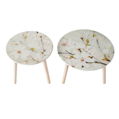 Vynxaria S/2 Nature-Inspired Side Tables: MDF Set with Painted Floral Tops, Small & Large for Living Room/Bedroom