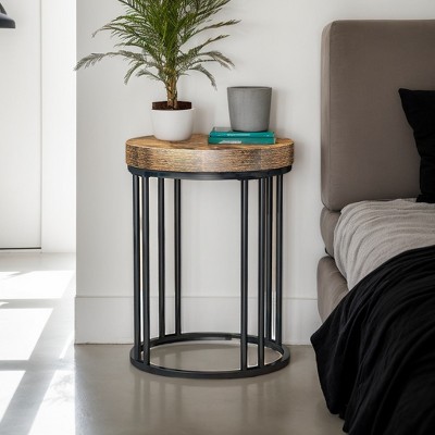 Hommoo Round End Table, Small Accent Side Table with Metal Frame Rustic & Black
