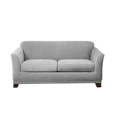 ReadyFit by SureFit Textured 2-Tone Woven Slipcover Light Gray Loveseat 1-Piece Patented Design with Adjustable Ties at All 4 Corners