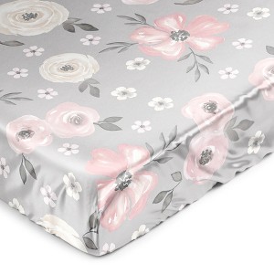 Sweet Jojo Designs Girl Satin Fitted Crib Sheet Watercolor Floral Grey Pink and White - 1 of 4
