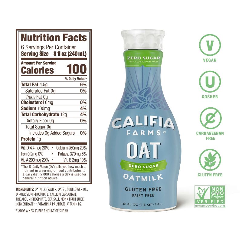 Califia Farms Zero Sugar Oat Milk - 48 fl oz, 6 of 9