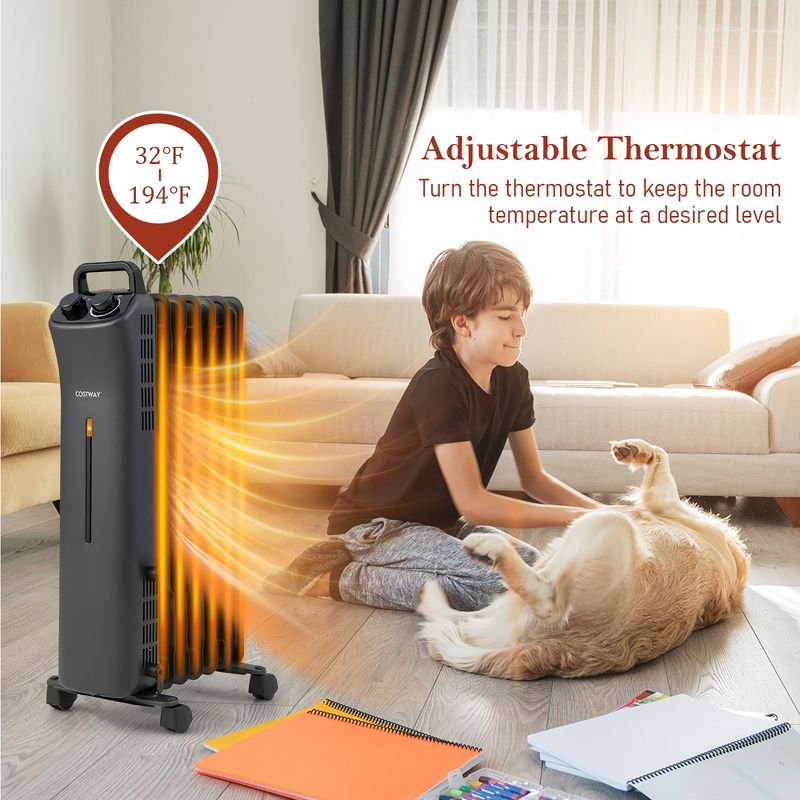 Costway 1500W Oil Filled Space Heater Electric Heater w/Adjustable Thermostat, 5 of 11