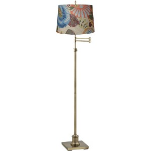 360 Lighting Swing Arm Floor Lamp Adjustable Height 70" Tall Antique Brass Tropic Flower Drum Shade for Living Room Reading Bedroom Office - 1 of 4