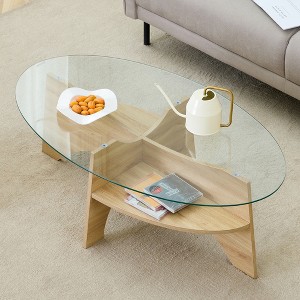 Glass Coffee Table Round Cocktail Table Oval Center Table Accent Table Sofa Table with Diagonal Fan-shaped Tray Leg, Walnut/Natural-ModernLuxe - 1 of 4