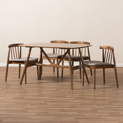 Wyatt Mid-Century Walnut 5-Piece Dining Set with Gray Upholstered Seats