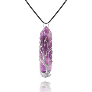 Tree of Life Crystal Necklace, Wire Wrapped Natural Stone Reiki Healing Jewelry Amethyst-Silver-Leather Chai - 1 of 4