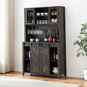 70 Inch Tall Coffee Cabinet,Tall Sideboard Buffet with Sliding Barn Door,Hutch Cabinet with 6 Bottle Wine Rack and 12 Stemware Slots for Kitchen, Oak - 1 of 4