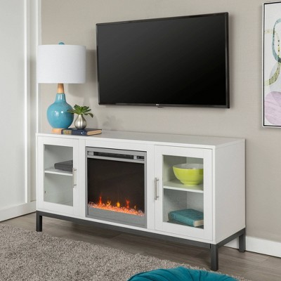 White tv console with deals glass doors