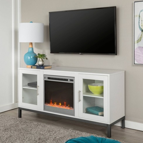 Modern Wood Electric Fireplace Tv Stand With Glass Doors For Tvs