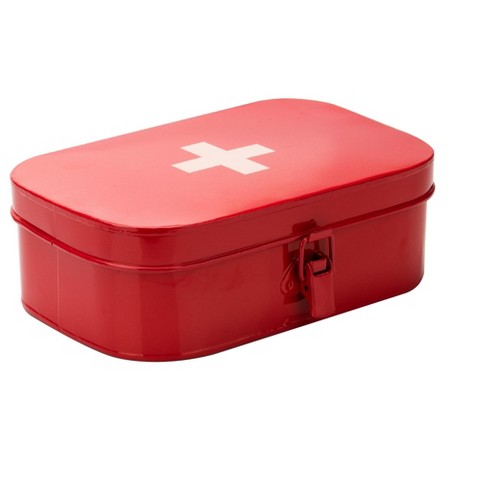Mind Reader Galvanized Steel Vintage First Aid Storage Box, Container with  Buckle Lock, Organizer for Medical Supplies, Bandages, Locking Tin, Red