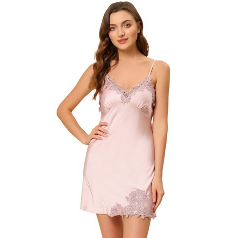 Allegra K Women s Satin Nightgowns V Neck Solid Color Lace Cami Mini Pajama Dress Pink Large