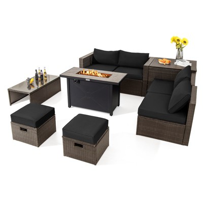 Tangkula 9 Pieces Outdoor Patio Furniture Set with 42" Propane Fire Pit Table Outdoor PE Wicker Space-Saving Sectional Sofa Set Black/Gray/Navy/Red/Turquoise/Off White