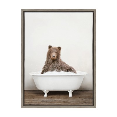 Gray Framed Bear in Bubble Bath Canvas Art