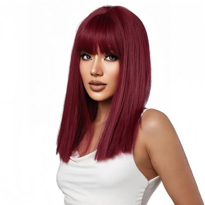Jessie's Wig 16 Inch straight Bangs With Wig Blunt Cut Synthetic Hair Burgundy Color 1 Pc/Pack