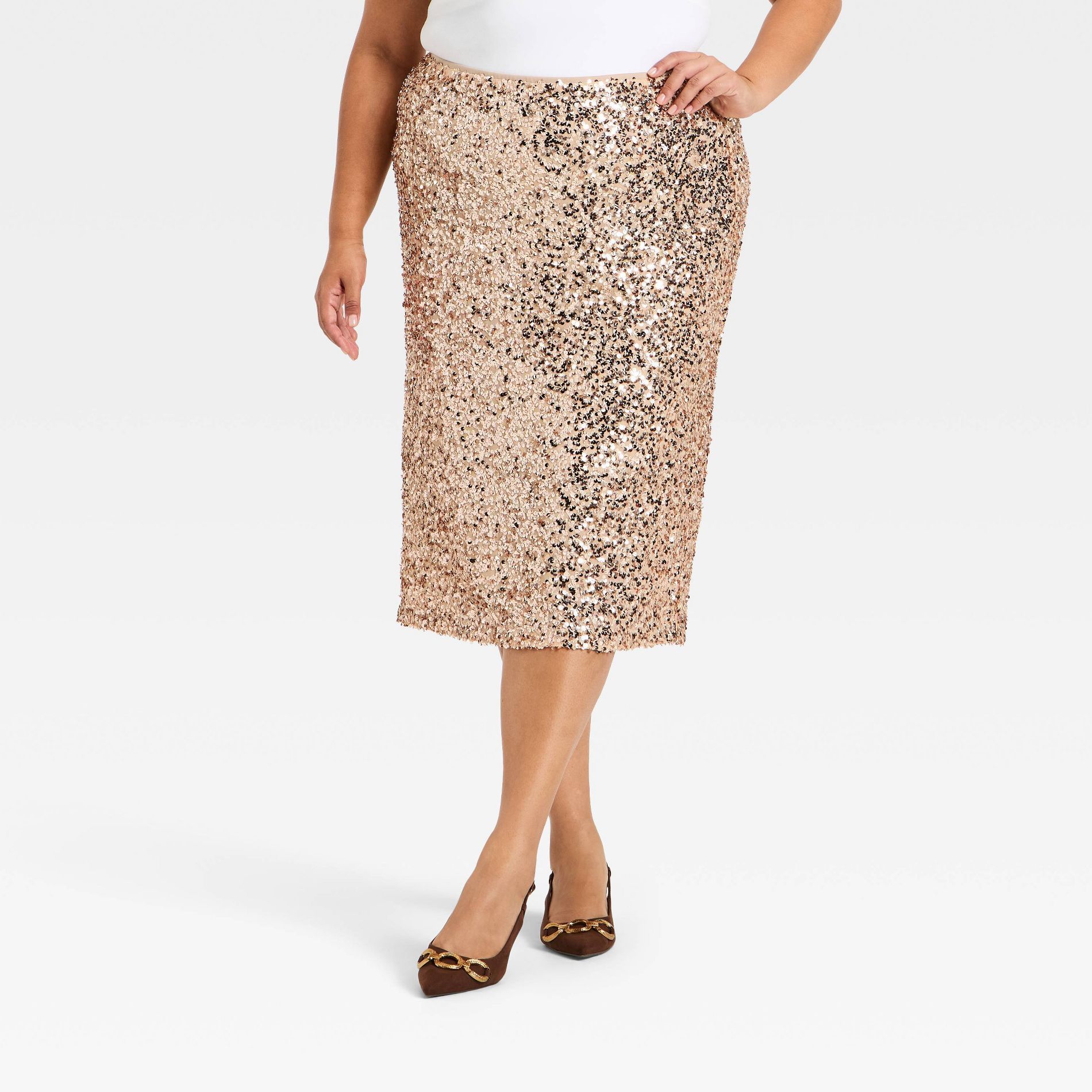 Women's High-Rise Sequin Midi Pencil Skirt - Ava & Viv™ Champagne