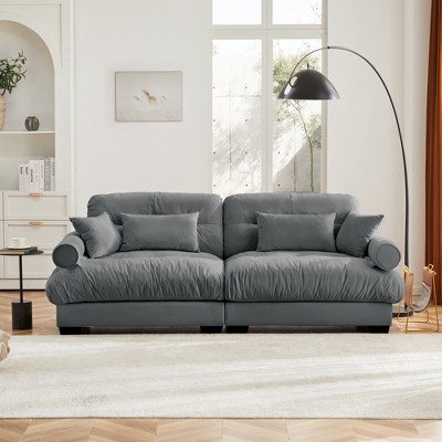 Aukfa Grey Velvet Large Sofa with Bolster Armrests, Waist & Throw Pillows – Modern Couch for Living Room, Bedroom or Office