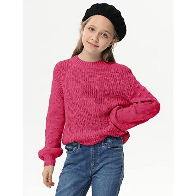 Girls Pullover Sweater Cable Knit Soft Comfy Sweater for Girls Crew Neck Sweater Puff Sleeve Ribbed Knit Cuff