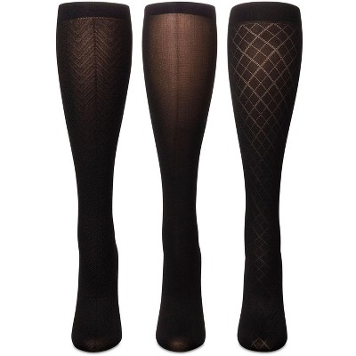 Memoi Women's 3 Pair Pack Herringbone/Solid/Diamonds Trouser Socks Black-Black-Black One Size - image 2
