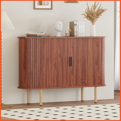 47" Fluted Sideboard Buffer Cabinet with Sliding Doors, Modern Wood Accent Storage Cabinet with Adjustable Shelves
