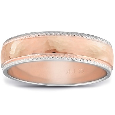Pompeii3 Mens 14k White & Rose Gold Ring Two Tone Polished Hammered & Rope Wedding Band
