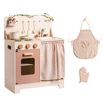 ROBOTIME Kids Kitchen Play Set,Rustic Wooden Pretend Play Kitchen for Toddlers 3+, Pink, 21.84"*11.7"*28.86"