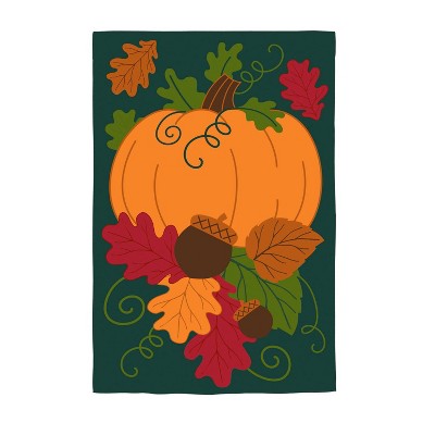 Evergreen Fall Pumpkin and Leaves Garden Applique Flag