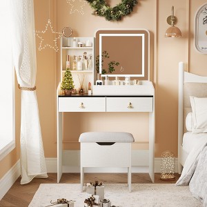 Dressing table with makeup mirror and charging station, spacious desktop with 2 drawers and open shelves, hidden storage stool - 1 of 4