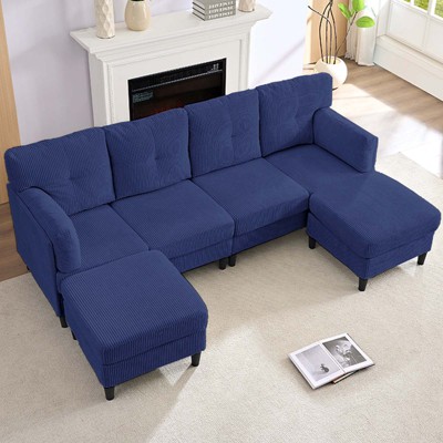 Mjkone Corduroy U-Shape Modular Convertible Sectional Sofa Couch,Upholstered 4-Seater Sofa with Movable Ottoman