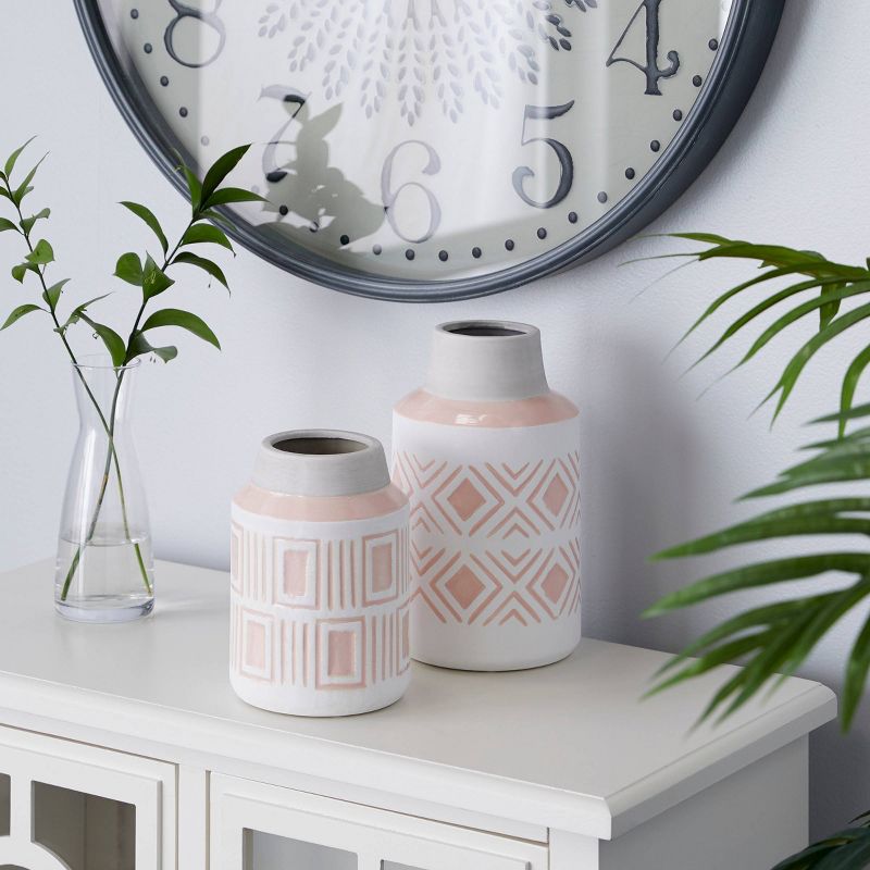 Set of 2 Round Geometric Textured Patterned Ceramic Vase Pink/White - Olivia &#38; May, 3 of 6