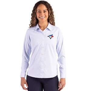 Toronto Blue Jays Cutter & Buck Skyline Epic Confidence Recycled Pinstripe Womens Long Sleeve Dress Shirt - Pale Blue/White - Medium - 1 of 1