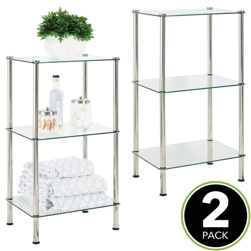 mDesign Metal/Glass 3-Tier Storage Tower w/ Glass Shelves, 2 Pack, Chrome/Clear, 2 of 10