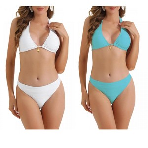 INSPIRE CHIC Women's Halter Ribbed Wide Strap Tie Back Triangle Bottoms Swimwear Bathing Bikini Suits 2 Sets - 1 of 4