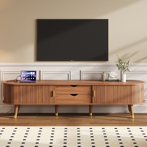 LOVSON Wooden Oval Fluted TV Stand,with Charging Station,Sliding Tambour Door for TV up to 80", Mid-Century Media Console , for Living Room, Walnut - 1 of 4