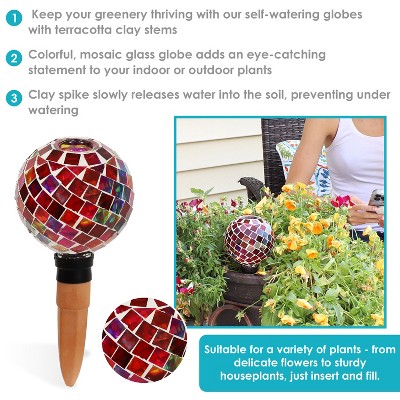 Magenta Mosaic Glass Plant Watering Globe with Clay Spike
