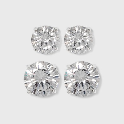 Women's Sterling Silver Stud Earrings Set with Round Cubic Zirconia 3pc - A  New Day™ Silver