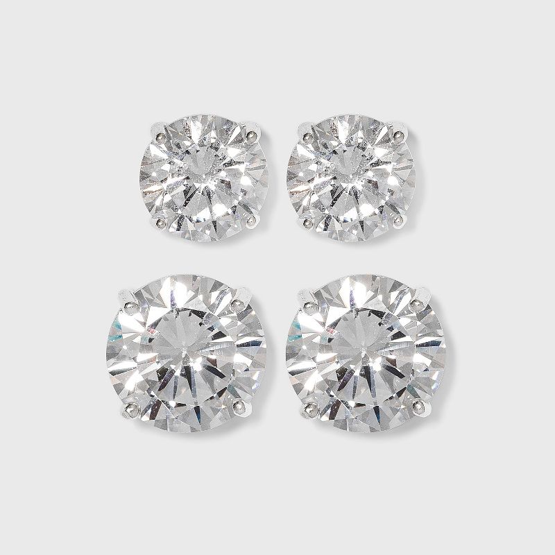 Sterling Silver Cubic Zirconia Duo Round Stud Earring Set 2pc - Clear, 1 of 3