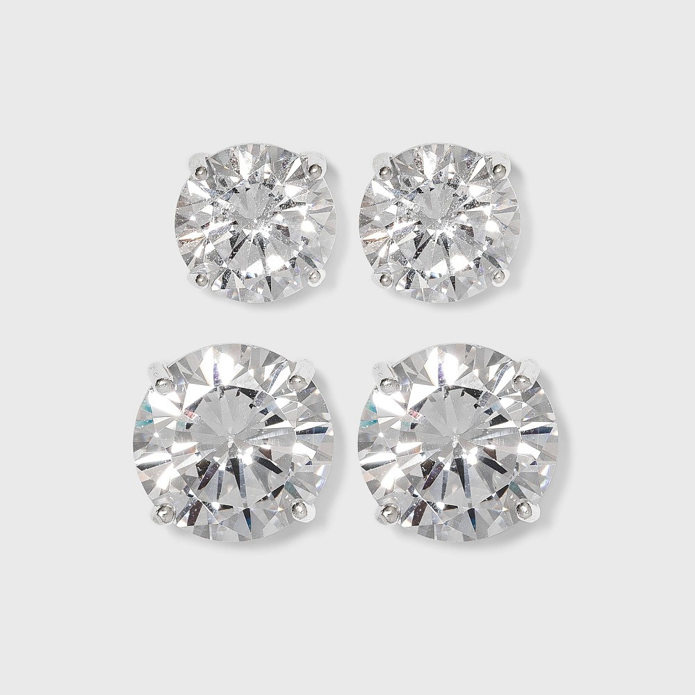 Photos - Earrings Sterling Silver Cubic Zirconia Duo Round Stud Earring Set 2pc - Clear