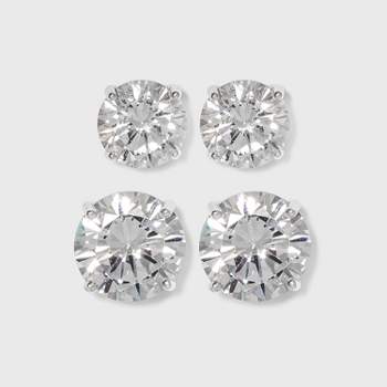 Sterling Silver Cubic Zirconia Duo Round Stud Earring Set 2pc - Clear