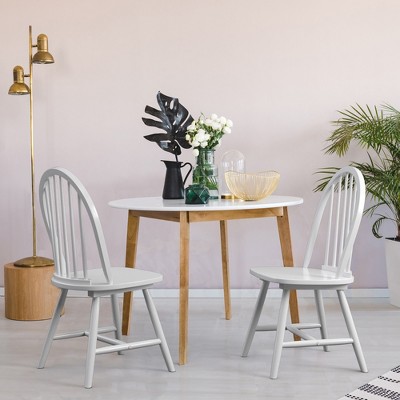 Set of 2 White Wooden Windsor Side Chairs with Slat Back