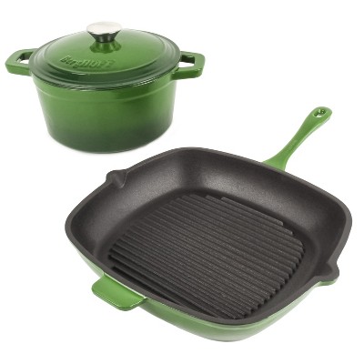 Berghoff Neo 4pc Cast Iron Cookware Set, Square Grill Pan 11, Fry Pan 10  & 3qt. Covered Dutch Oven, Green : Target