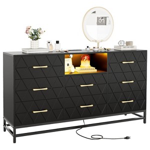 Charging Station - LED Lights(USB  AC Outlets, Geometric Pattern Gold Handles, White Chest of Drawers for Bedroom Living Room - 1 of 4