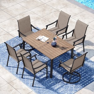 Captiva Designs 7pc Patio Outdoor Dining Rectangle Steel Table with Umbrella Hole & Brown Textilene Arm Chairs - 1 of 4