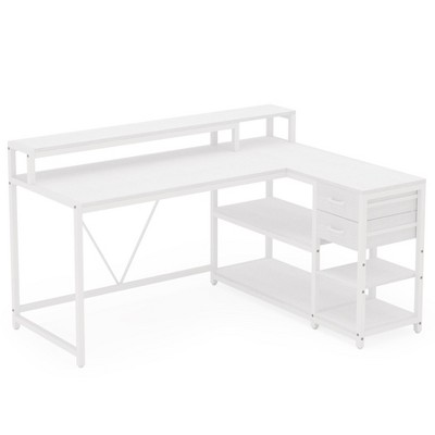 Sapphtopaz 55" Modern L-Shaped Desk with Drawers and Monitor Riser Computer Desk with Open Storage Shelves Small Desk for Home Office, Bedroom